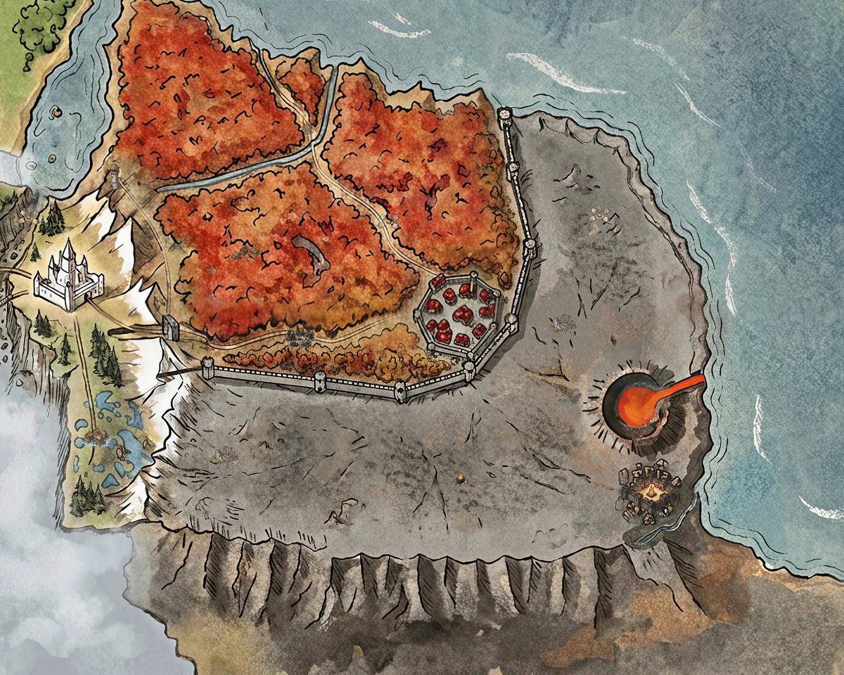 Ruinas de un palacio en Ashfall rodeadas de lava y ceniza