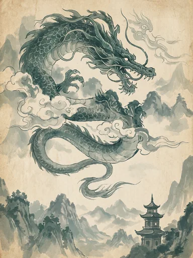 Dragón azur entre nubes y montañas en una pintura sobre pergamino