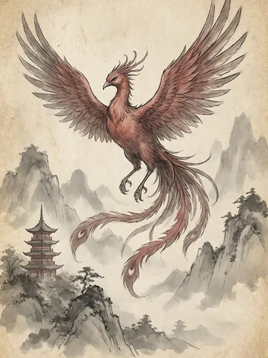 Ave bermellón desplegando las alas sobre un paisaje oriental