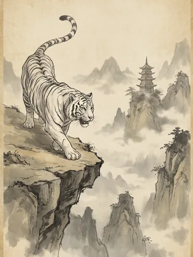 Tigre blanco legendario en una pintura de montañas sobre pergamino