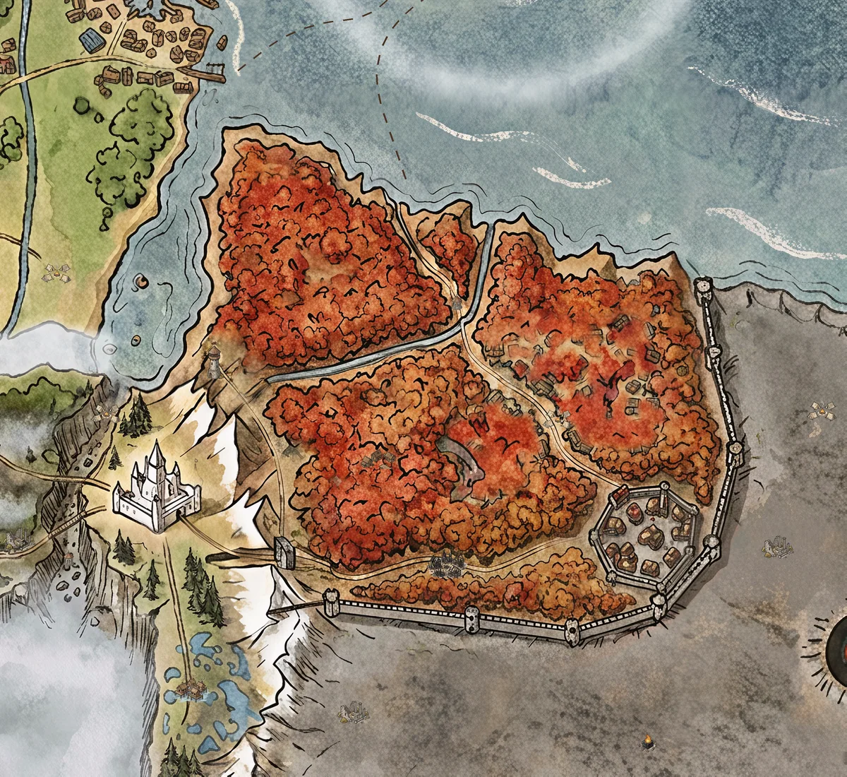 Mapa pintado del bosque rojo y la capital de Redleaf