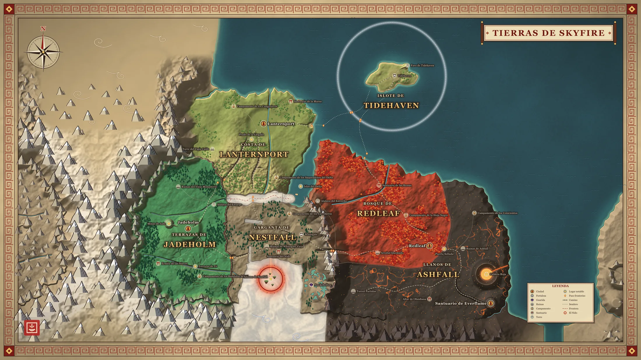 Atlas de Skyfire con las cinco regiones y el islote de Tidehaven